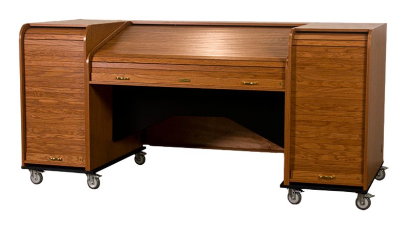 Inspire High Rise Extended desk on a twin platform RollBase with 4 inch casters