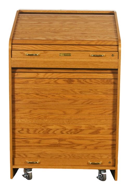 USAVID32 lectern with USTAMB32 rack tambour and USRTOP32 worksurface cover closed and locked