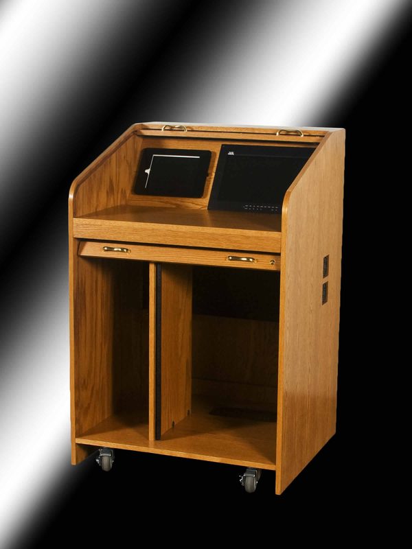 USAVID32 lectern, left iso view with both locking tambour doors open showing rack and CPU bay