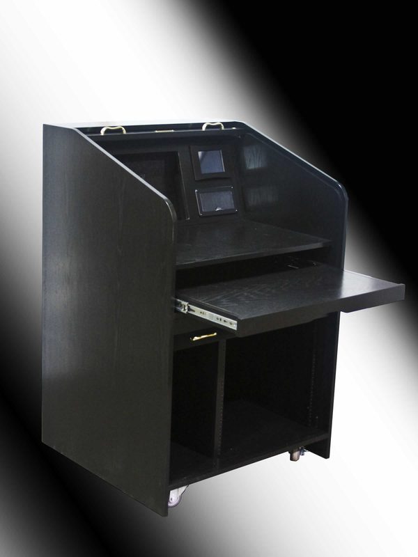 USAVID32 lectern, right iso view with the top tambour door open over the retractable keyboard surface