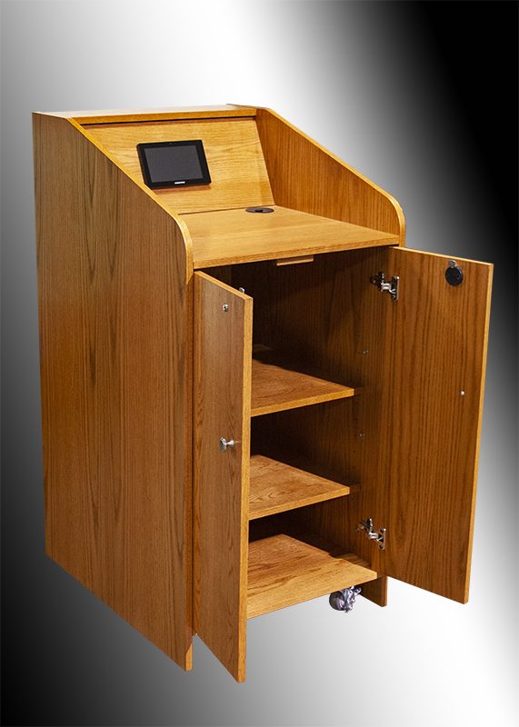 USAVID24 lectern, right iso view with the dual swing-out doors open and rear touch panel access