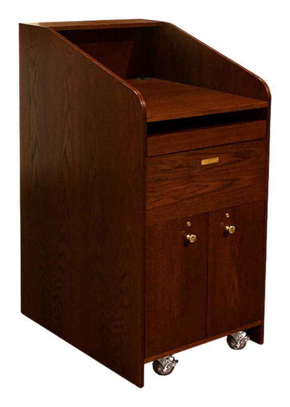 USAVID24 lectern with USKB keyboard pullout and USDCR document drawer open at the worksurface