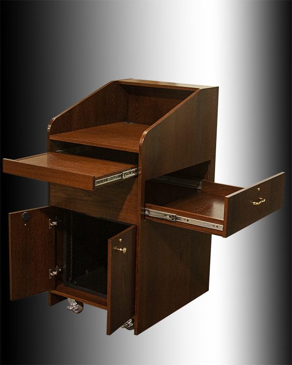 USAVID24 lectern detail with the USRACK insert behind dual swing-out locking doors