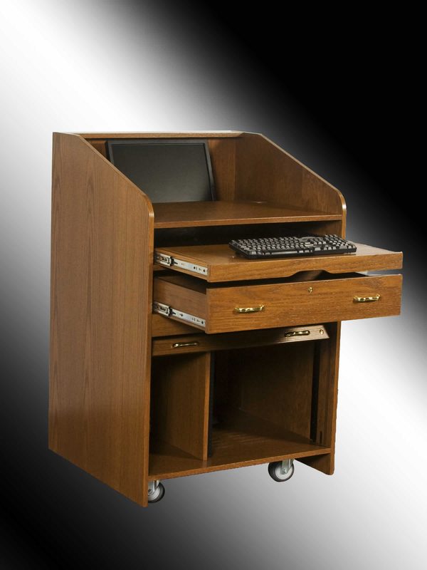 USAVID32 lectern, right iso view open with the USRACK32 rack, CPU bay and keyboard pullout
