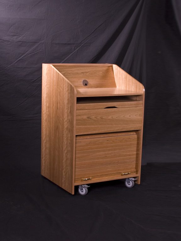 USAVID32 lectern in cherry finish, all doors closed, front view of the 32 inch wide frame