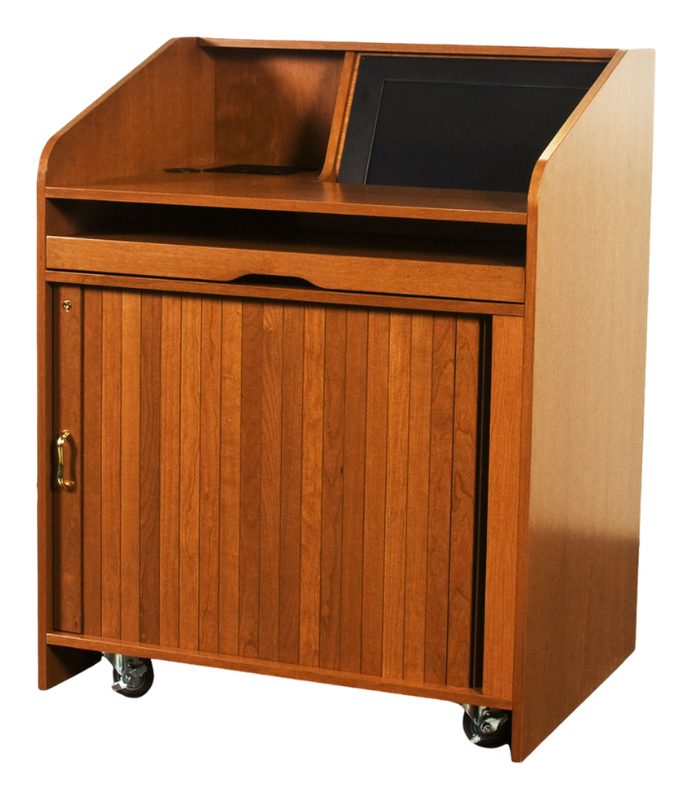 USAVID32 lectern with USKB keyboard pullout and a side-travel locking rolltop tambour door