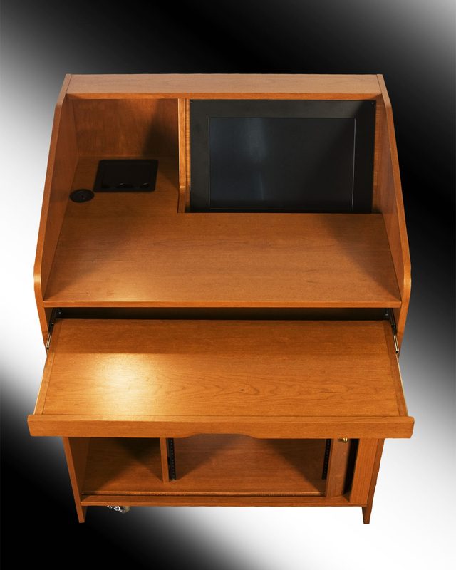 USAVID32 lectern top view showing keyboard pullout, cable management and touch screen mount