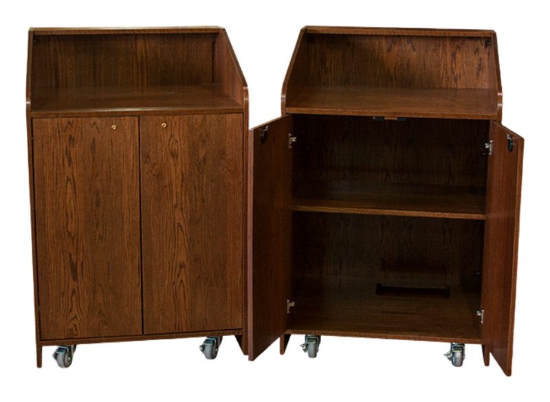 USAVID32 lectern pair with split front doors, independently dual-locking on Euro-style articulating hinges