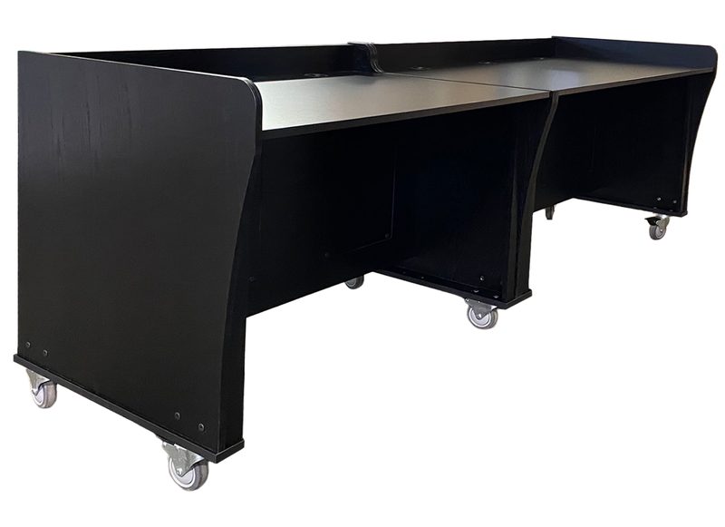 Custom PDS Series desk angled right view showing the undermounted equipment rack