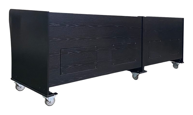 Rear view of the custom PDS presentation desk showing the rack access panel