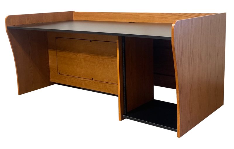 PDS-3672-R14 presentation workstation desk front left view with the rack on the right side