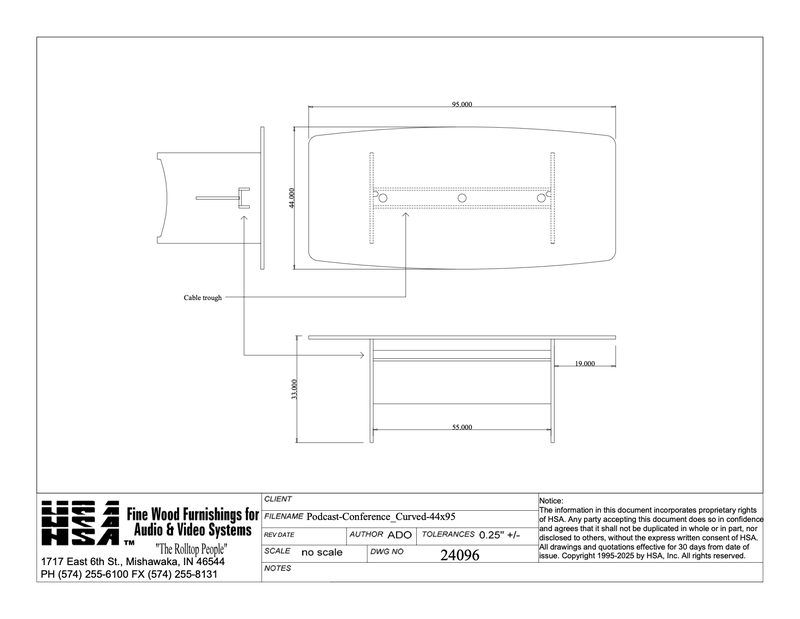 Podcasting desk spec drawing of the curved 95 inch by 44 inch studio layout and equipment bay