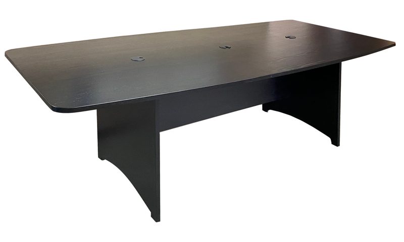 Podcasting desk, three-quarter view showing the cable trough and built-in power outlets