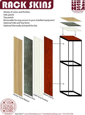 Rack Skins product flyer showing custom side and top panel covers