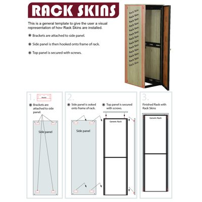 Rack Skins installation guide illustration showing the panel mounting steps