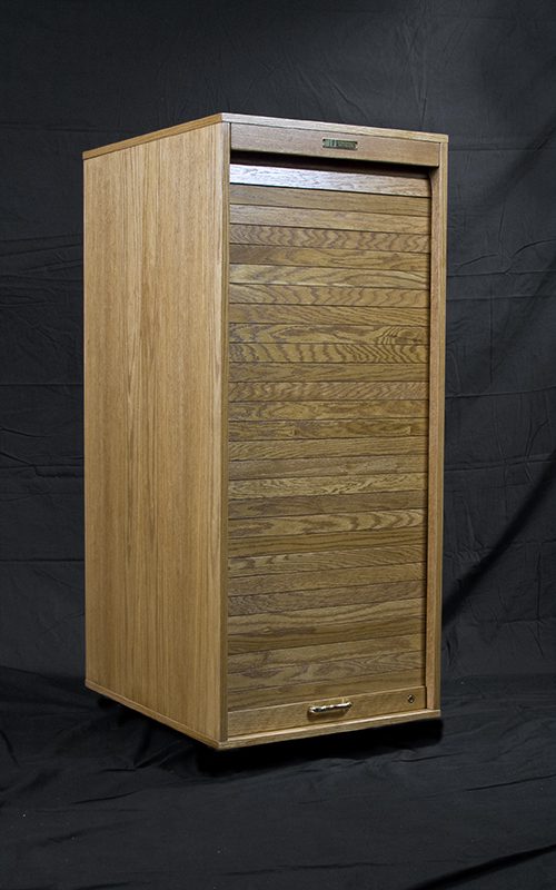 RR24 Roll Rack 24, three-quarter view closed with a wooden cabinet finish